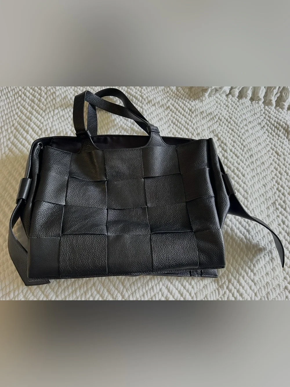 Black Woven Leather Briefcase with Top Handles and Shoulder Strap